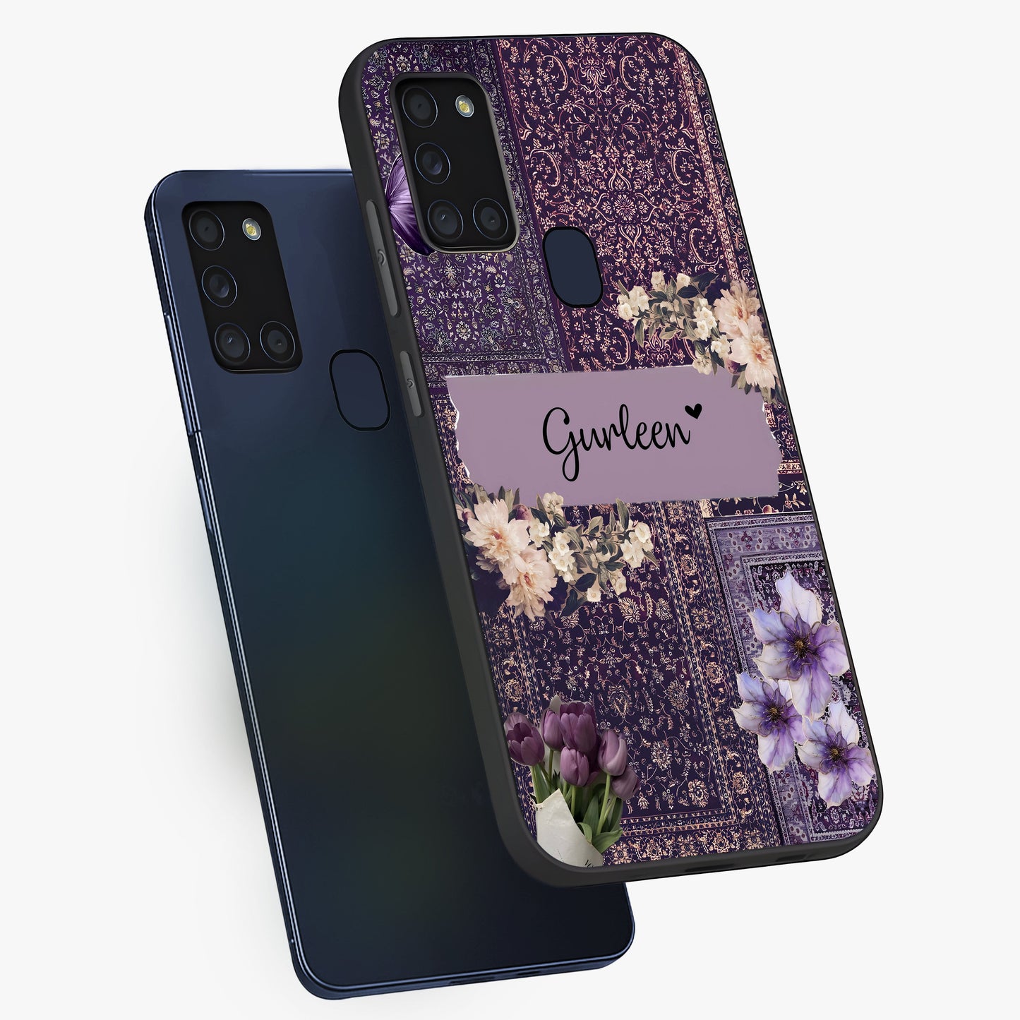 Antique Floral Whisper Custom Name Glass Case displayed in angled mockup highlighting elegant antique floral aesthetic.