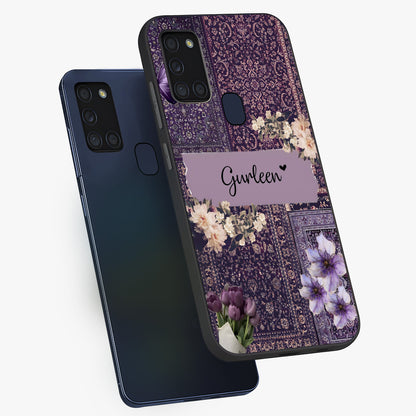 Antique Floral Whisper Custom Name Glass Case displayed in angled mockup highlighting elegant antique floral aesthetic.