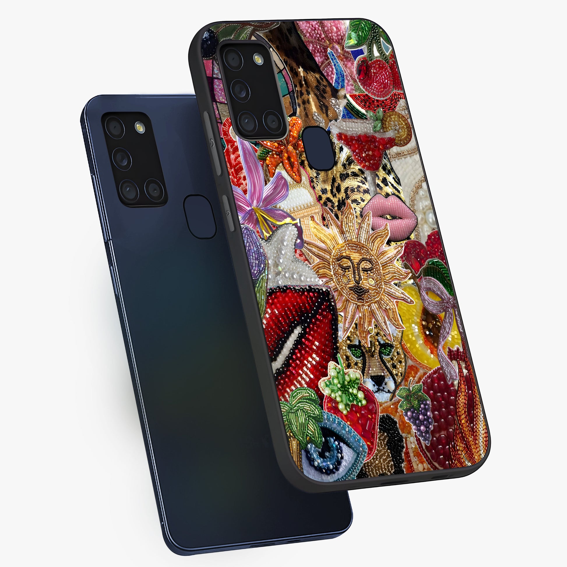 Beaded Fashion Jungle Glass Case displayed in angled mockup highlighting colorful fashion bead design and artistic pattern.