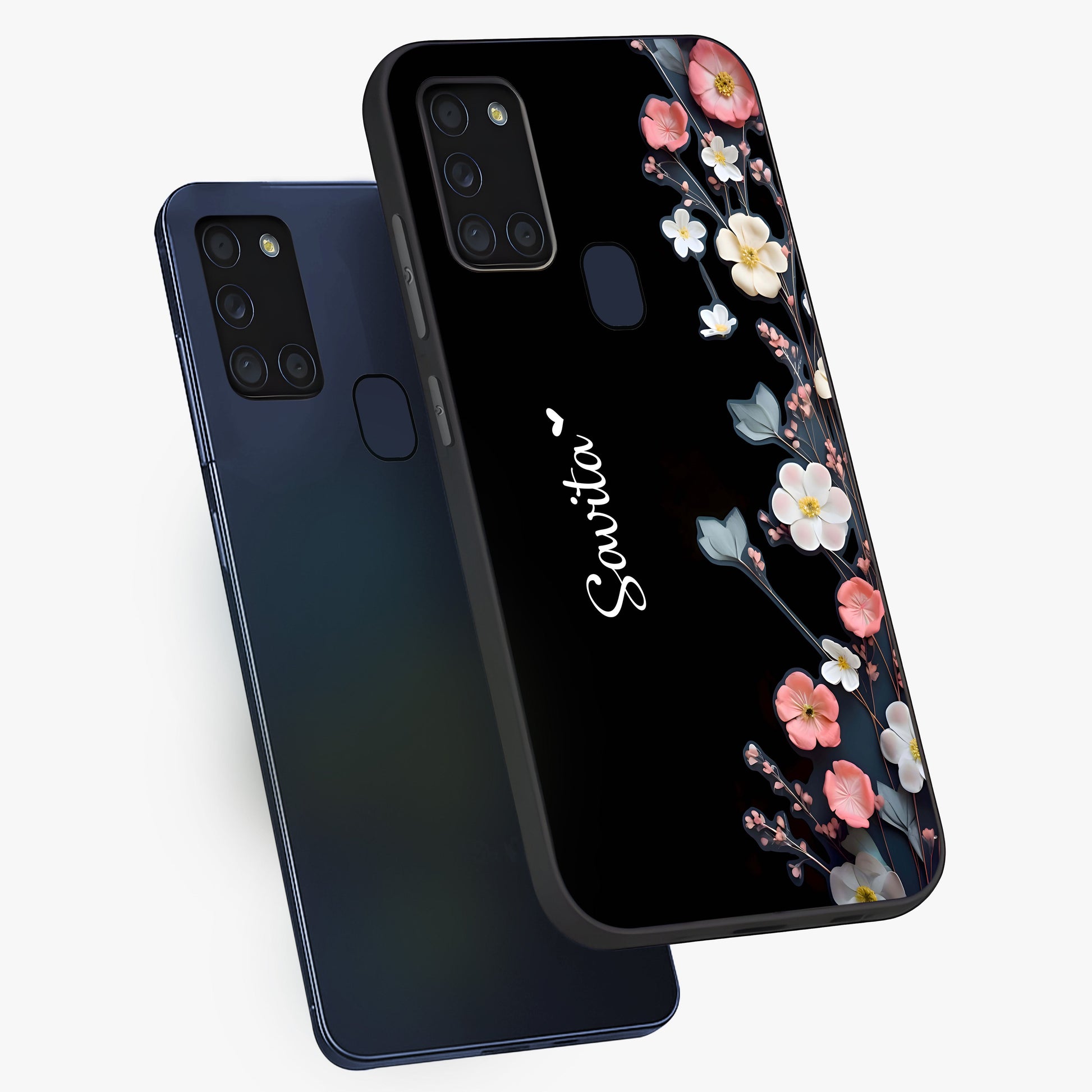 Black Elegance Floral Custom Name Glass Case displayed in angled mockup highlighting dark floral aesthetic and custom name feature.