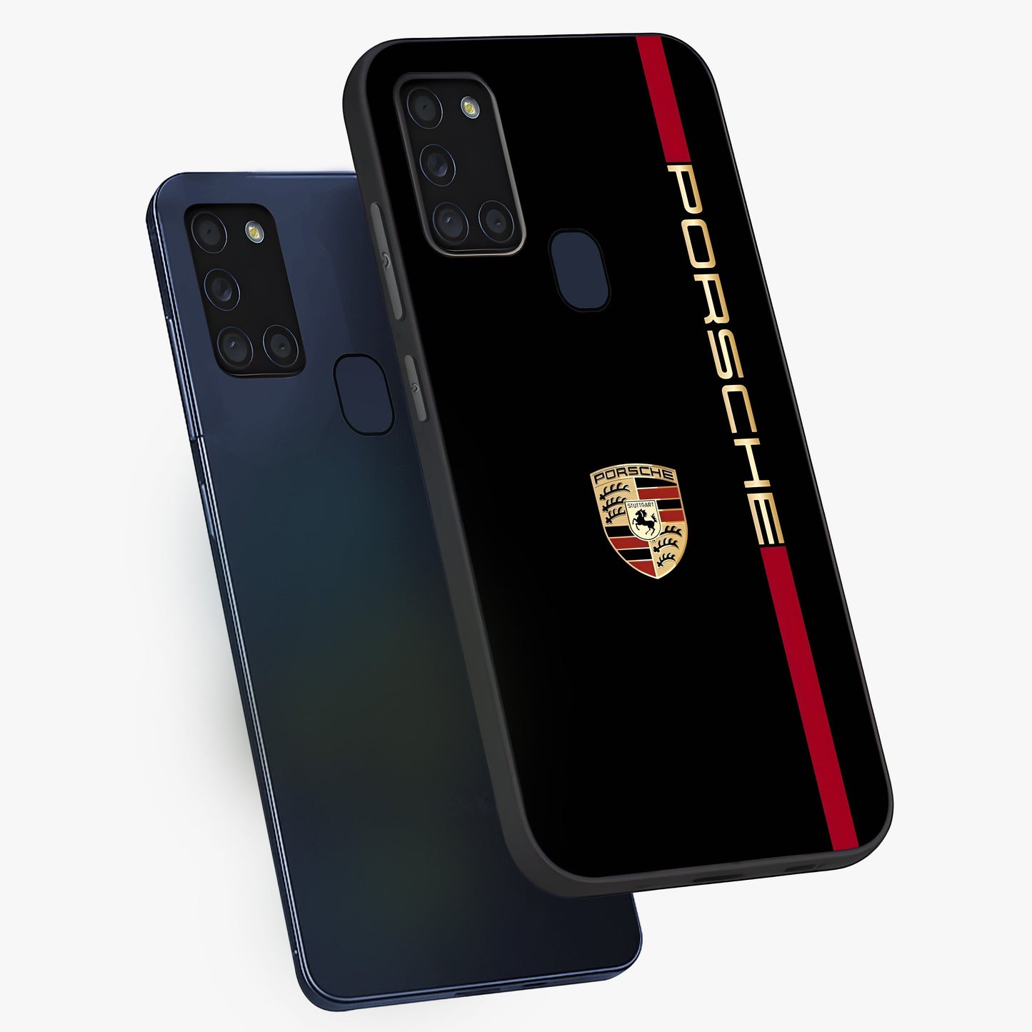 Black Minimal Porsche Glass Case displayed in angled mockup highlighting modern minimal car illustration and clean aesthetic design.