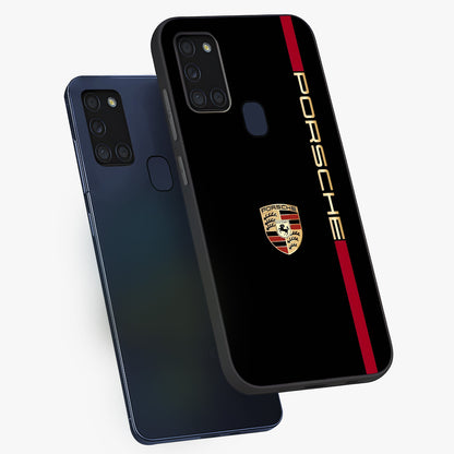 Black Minimal Porsche Glass Case displayed in angled mockup highlighting modern minimal car illustration and clean aesthetic design.