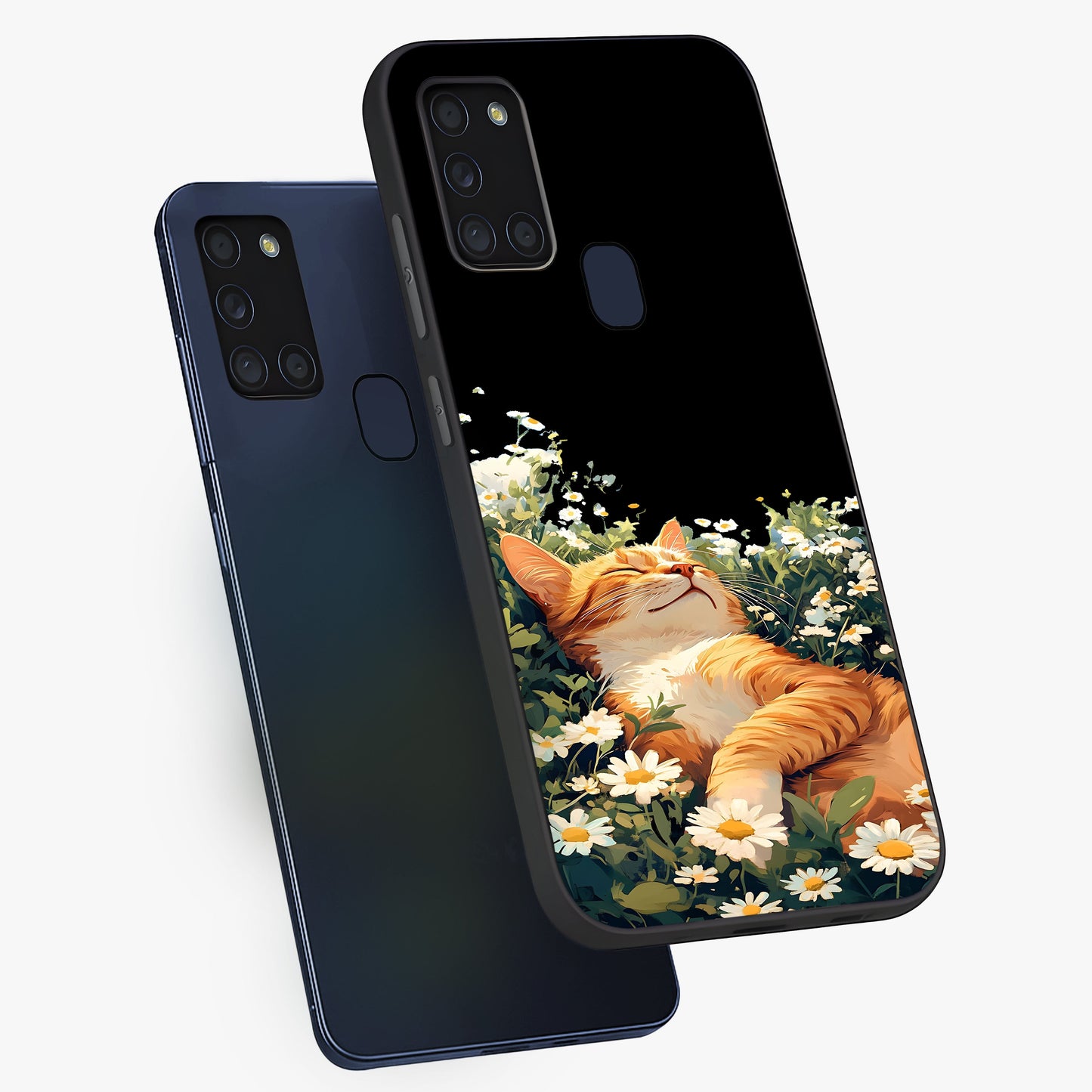 Blissful Bloom Cat Glass Case displayed in angled mockup highlighting playful feline illustration with soft floral aesthetic.