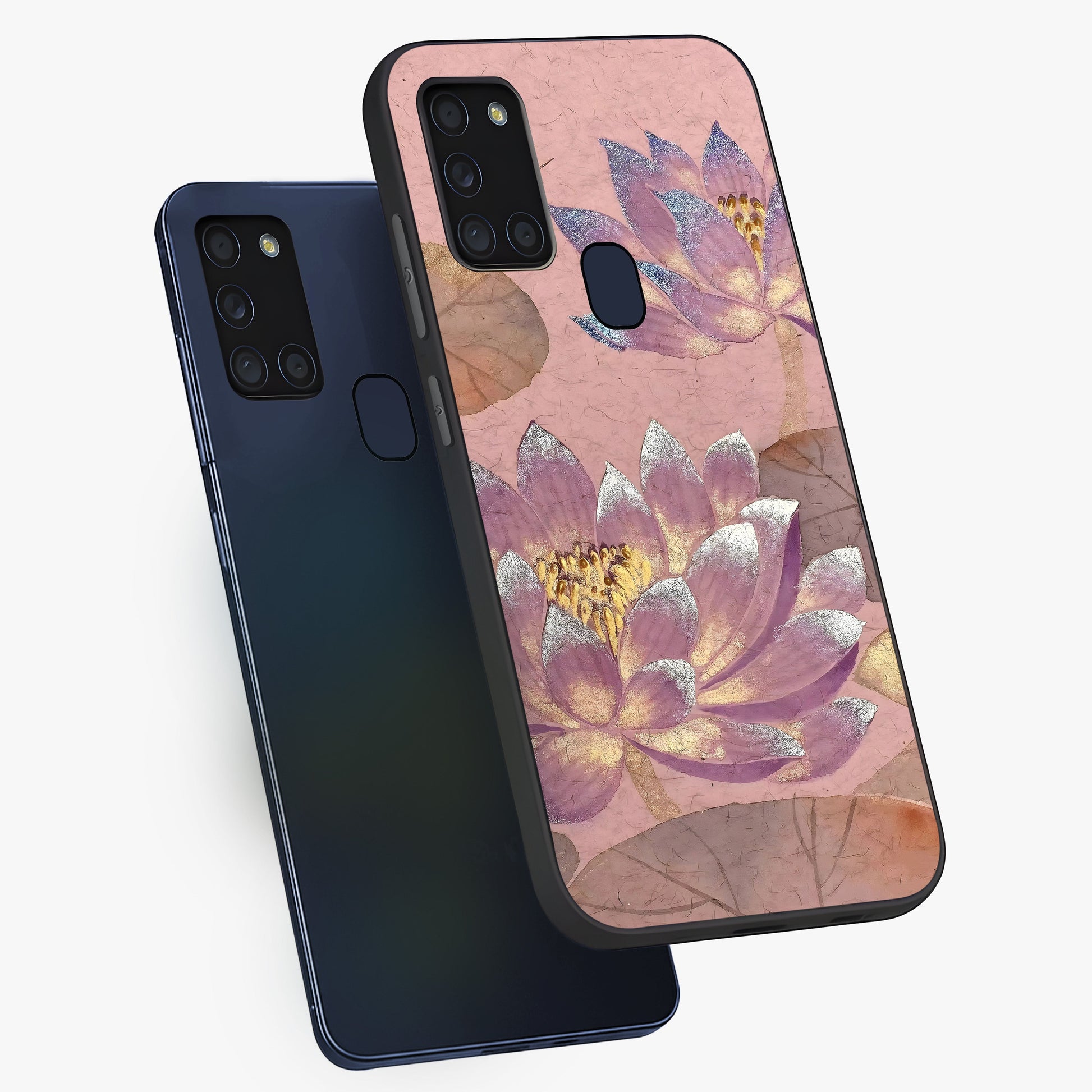 Blossom Mist Lotus Glass Case displayed in angled mockup highlighting delicate lotus illustration with calm aesthetic theme.