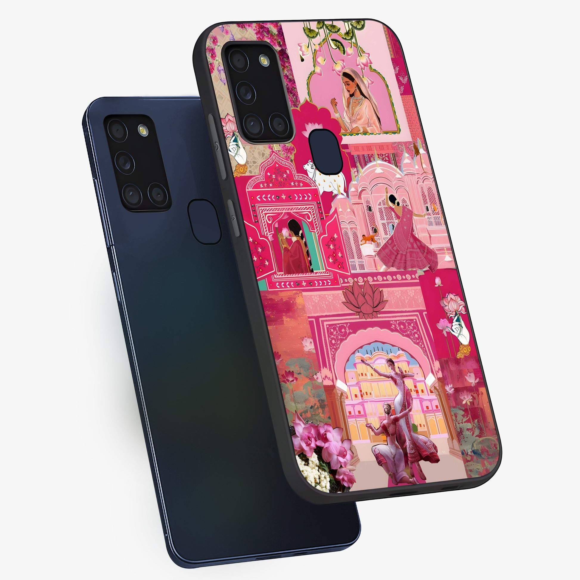 Blossoms of Rajasthan Glass Case displayed in angled mockup highlighting vibrant floral pattern with cultural aesthetic style.