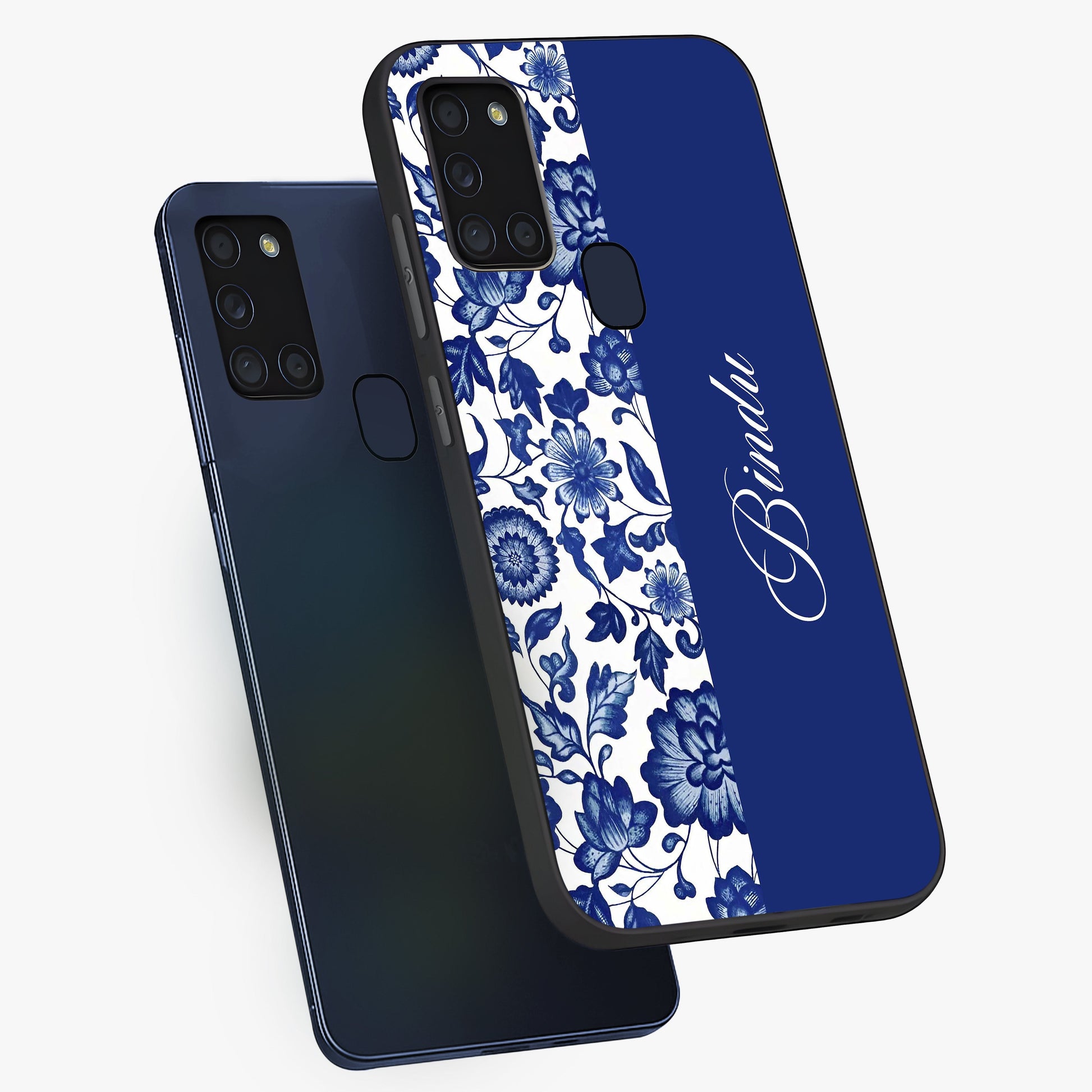 Blue Vintage Floral Pattern Glass Case displayed in angled mockup highlighting subtle bloom pattern with aesthetic pastel design.