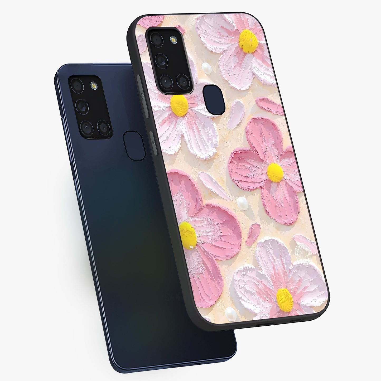 Blush Bloom Texture Glass Case displayed in angled mockup highlighting subtle bloom pattern with aesthetic pastel design.