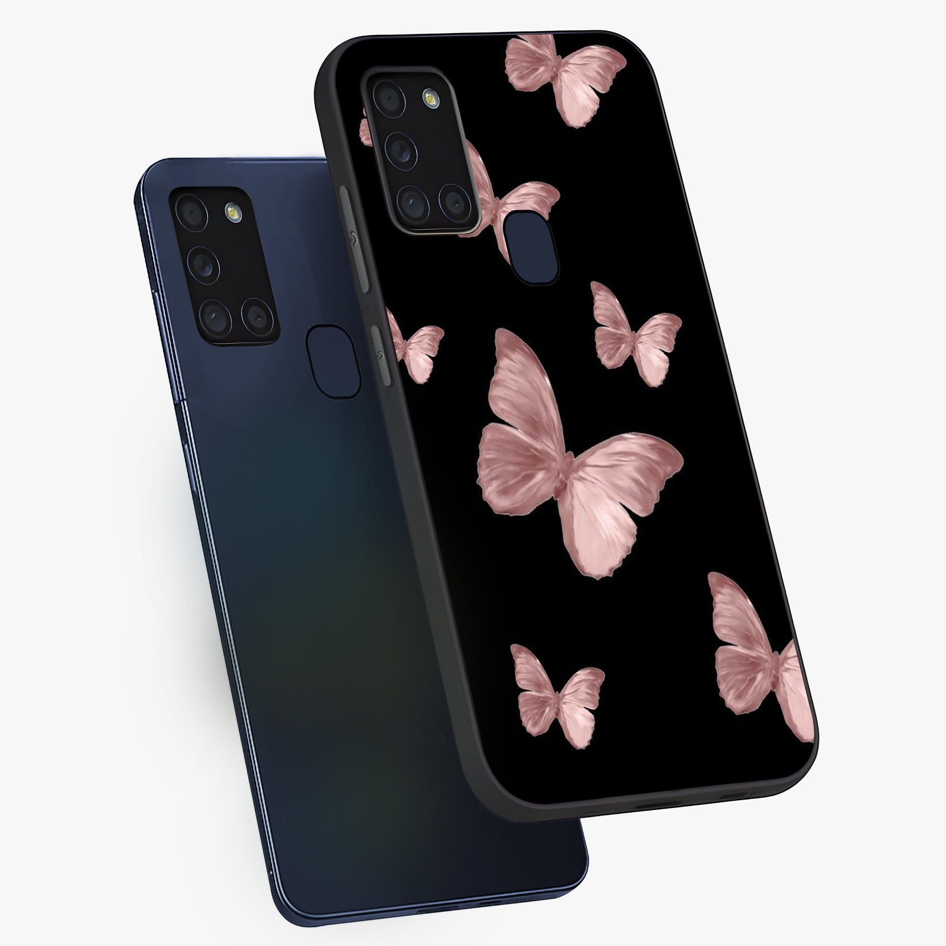 Butterfly Pattern Glass Case displayed in angled mockup highlighting delicate butterfly design and aesthetic pattern style.