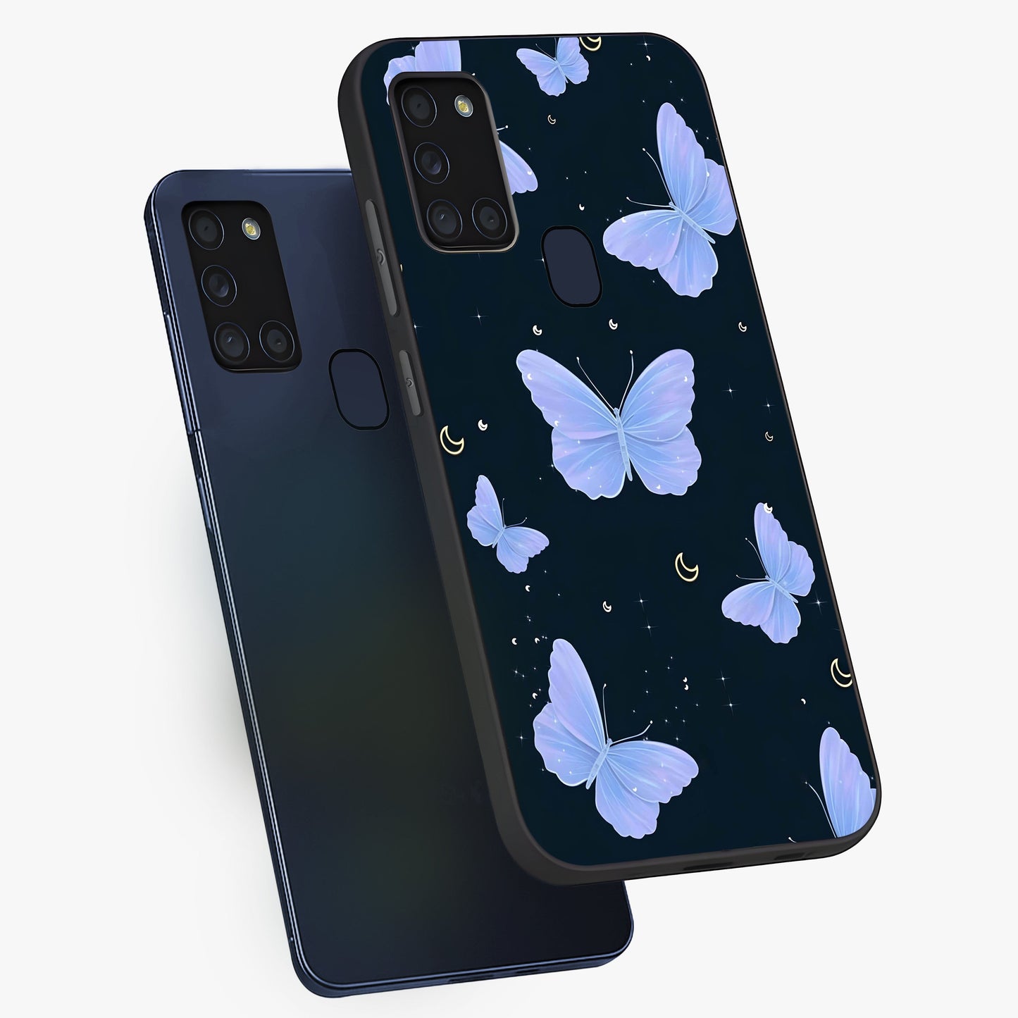 Butterfly With Stars Pattern Glass Case displayed in angled mockup highlighting dreamy butterfly and star design with aesthetic theme.