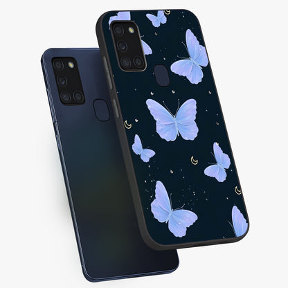Butterfly With Stars Pattern Glass Case displayed in angled mockup highlighting dreamy butterfly and star design with aesthetic theme.