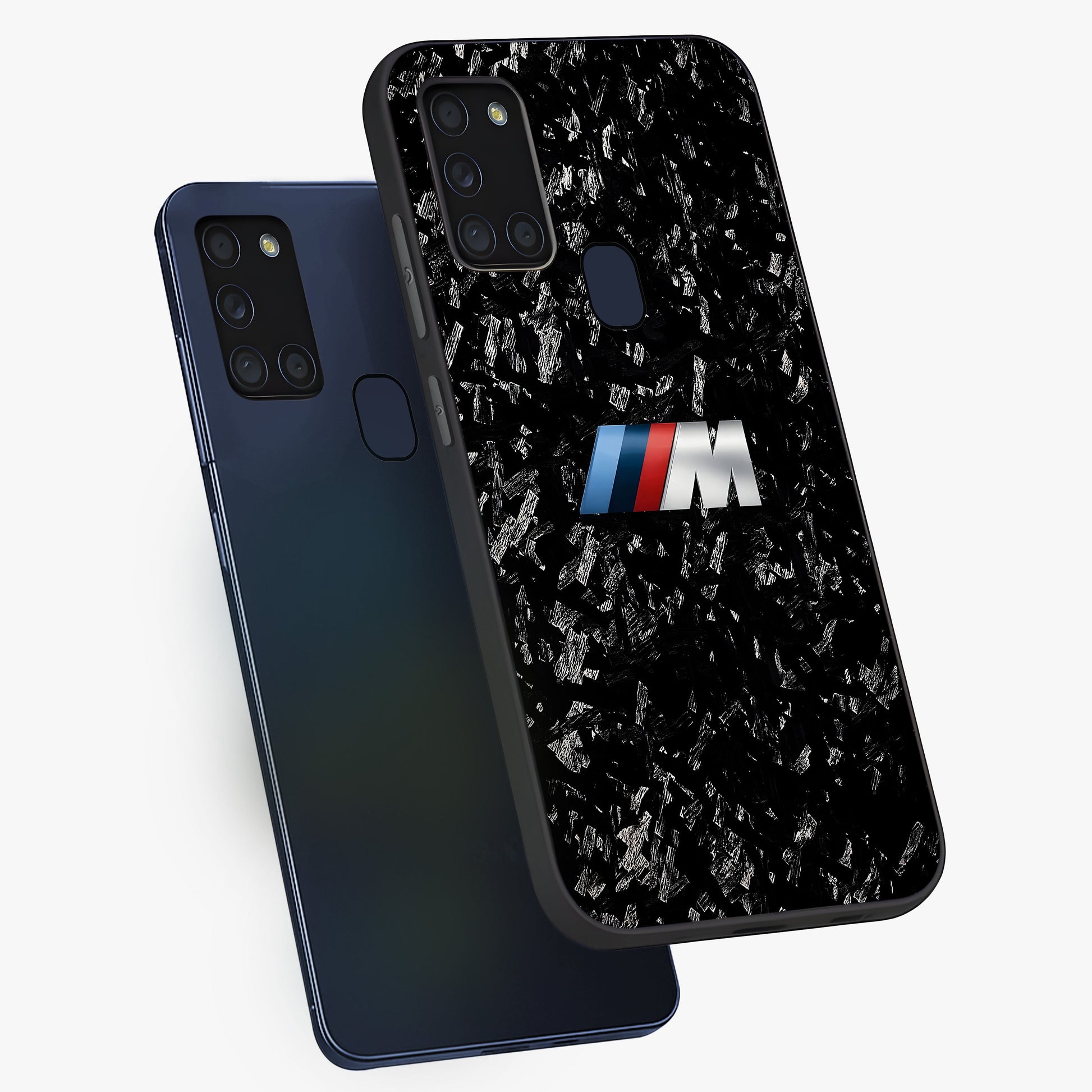Carbon Speed Mark Glass Case displayed in angled mockup highlighting racing inspired carbon design and sleek aesthetic style.