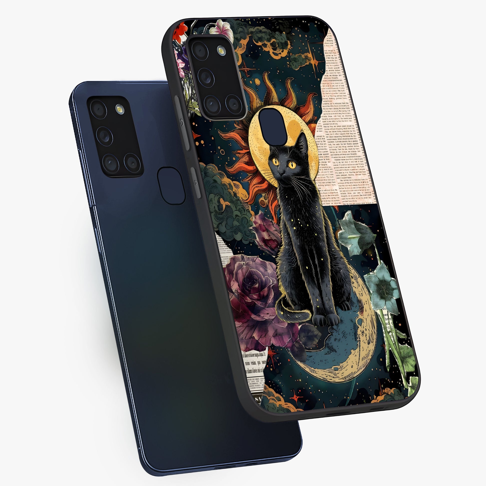 Celestial Black Cat Glass Case displayed in angled mockup highlighting cosmic black cat design with celestial aesthetic.