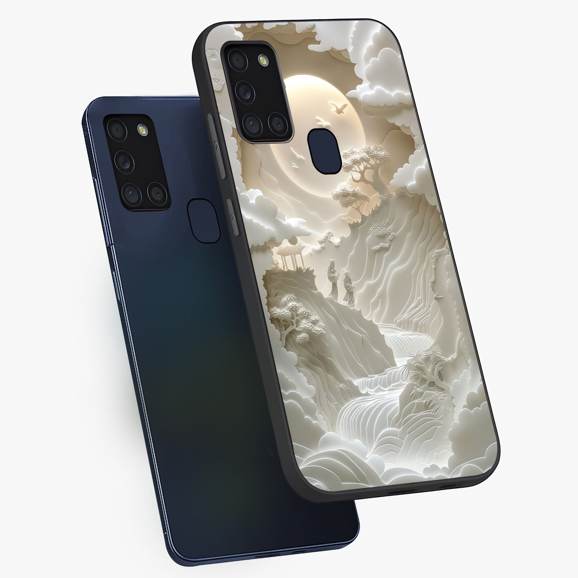 Celestial Origami Glass Case displayed in angled mockup highlighting geometric origami design with cosmic aesthetic theme.