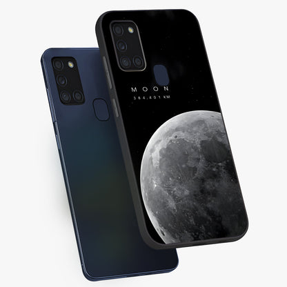 Cosmic Moon Glow Glass Case displayed in angled mockup highlighting celestial moon design with cosmic aesthetic theme.