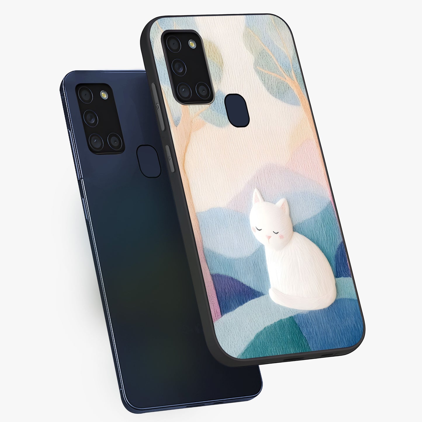 Cotton Dream Cat Glass Case displayed in angled mockup highlighting cute feline illustration with pastel aesthetic style.