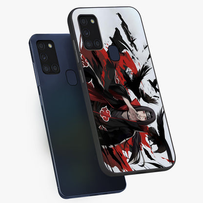 Crimson Crow Illusion Glass Case displayed in angled mockup highlighting mysterious crow graphic with dark aesthetic style.