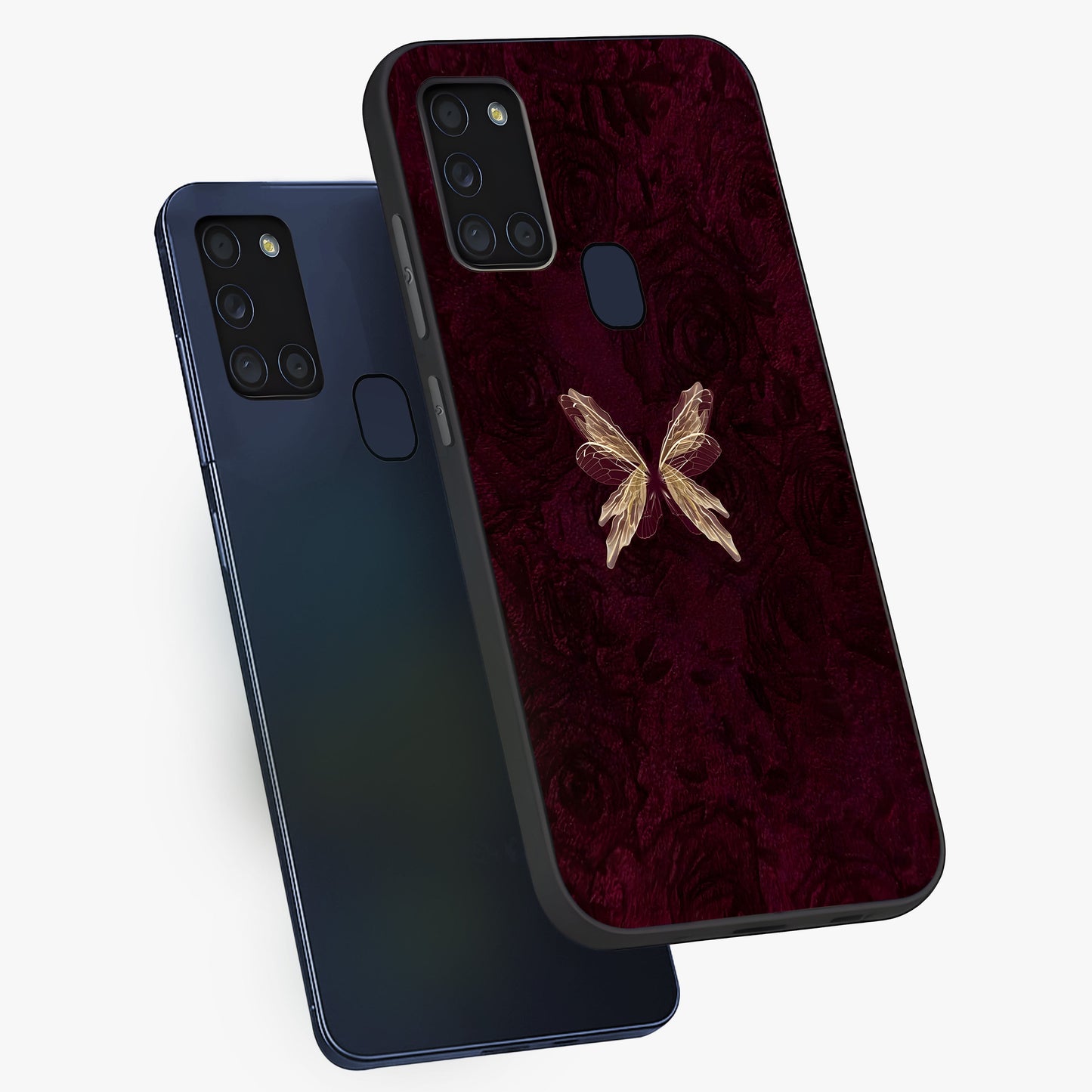 Crimson Fade Butterfly Glass Case displayed in angled mockup highlighting elegant butterfly design with crimson gradient aesthetic.