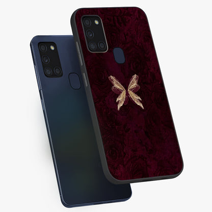 Crimson Fade Butterfly Glass Case displayed in angled mockup highlighting elegant butterfly design with crimson gradient aesthetic.