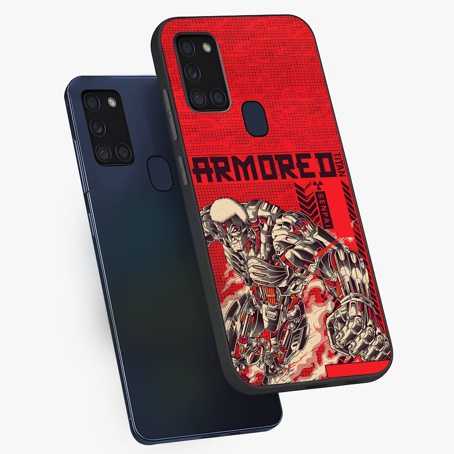Crimson Mecha Titan Glass Case displayed in angled mockup highlighting futuristic mech illustration with bold crimson aesthetic.