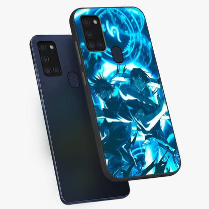 Cursed Energy Clash Glass Case displayed in angled mockup highlighting powerful battle inspired graphic with anime style aesthetic.