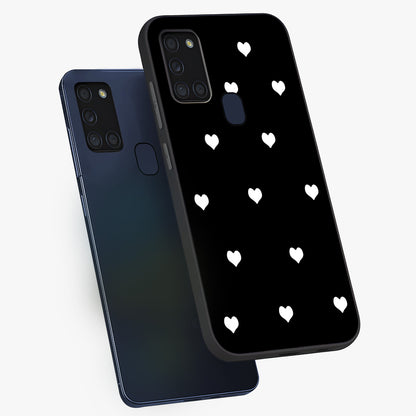 Cute And Simple White Hearts Glass Case displayed in angled mockup highlighting cute heart design with clean aesthetic style.