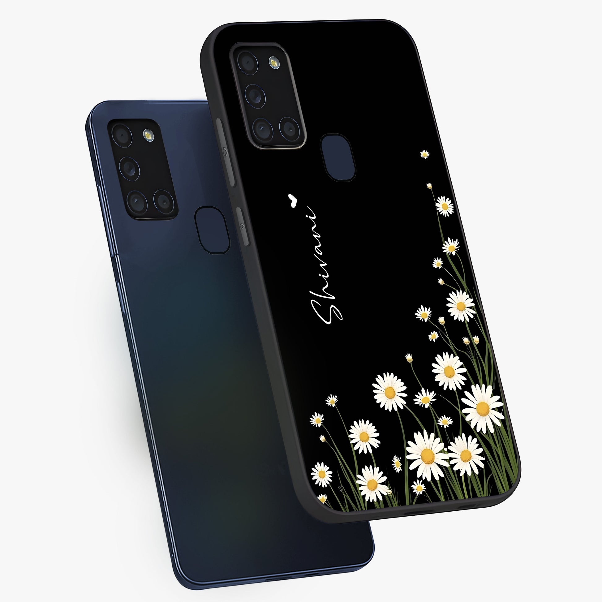 Daisy Cascade Custom Name Glass Case displayed in angled mockup highlighting delicate daisy artwork with custom name feature.