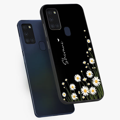 Daisy Cascade Custom Name Glass Case displayed in angled mockup highlighting delicate daisy artwork with custom name feature.