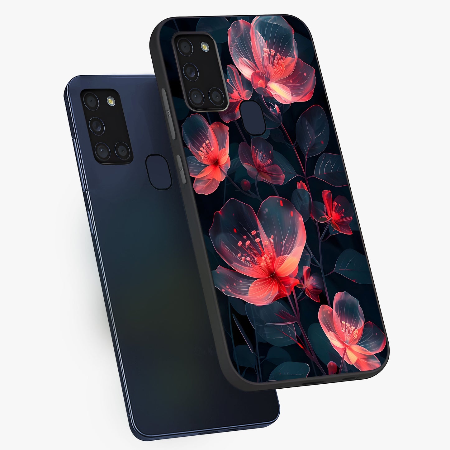 Dark Shade of Flower Glass Case displayed in angled mockup highlighting moody floral illustration with aesthetic dark tones.