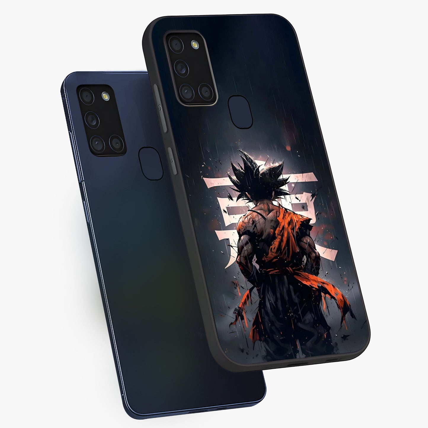 Dark Warrior In Rain Glass Case displayed in angled mockup highlighting dramatic warrior illustration with dark rain aesthetic.