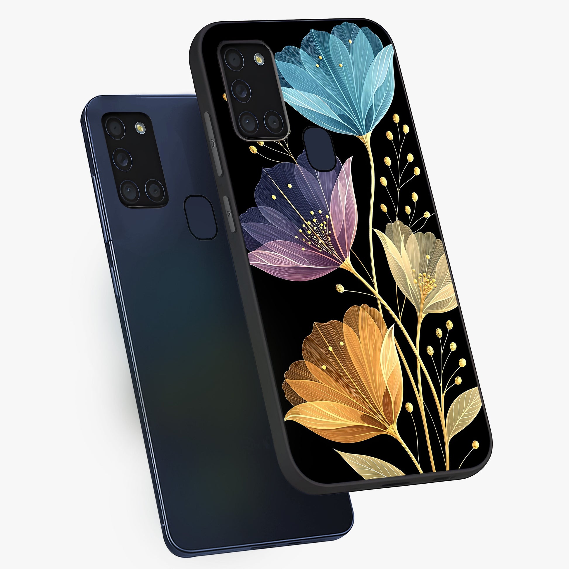 Delicate Multicolor Flowers Glass Case displayed in angled mockup highlighting colorful flower pattern with soft aesthetic style.