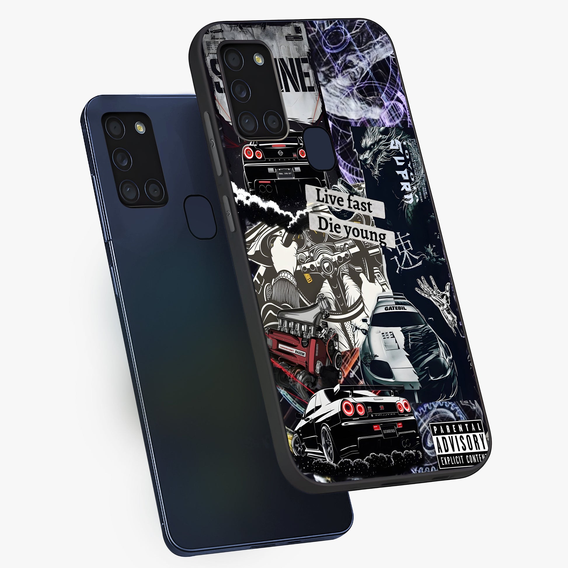Die Young Glass Case displayed in angled mockup highlighting expressive graphic artwork with edgy aesthetic style.