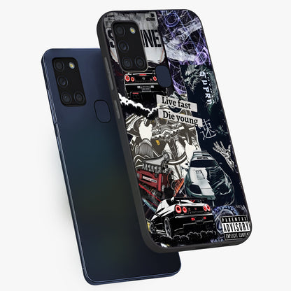 Die Young Glass Case displayed in angled mockup highlighting expressive graphic artwork with edgy aesthetic style.