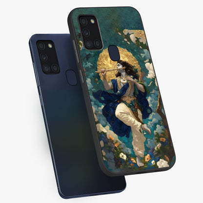 Divine Krishna Art Glass Case displayed in angled mockup highlighting spiritual Krishna illustration with devotional aesthetic.