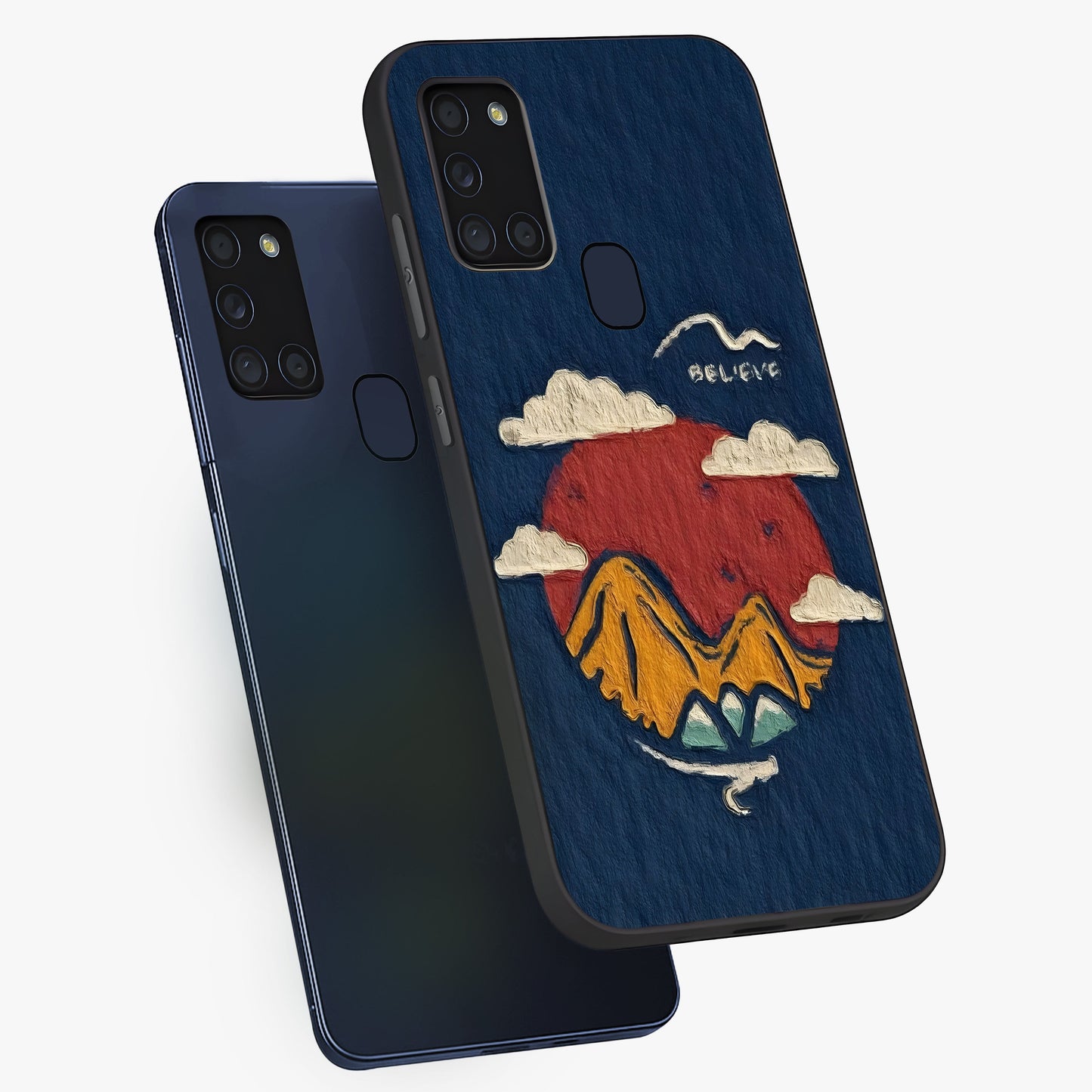 Dream Beyond Mountains Glass Case displayed in angled mockup highlighting dreamy mountain illustration with peaceful aesthetic.