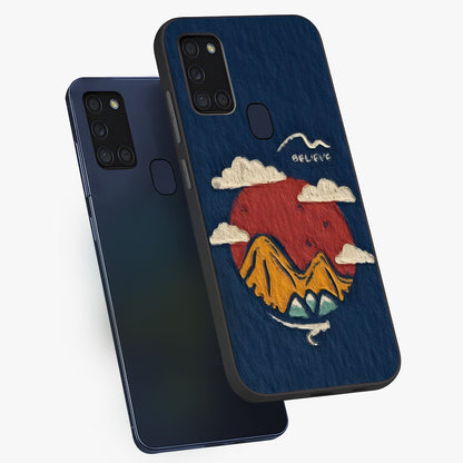 Dream Beyond Mountains Glass Case displayed in angled mockup highlighting dreamy mountain illustration with peaceful aesthetic.