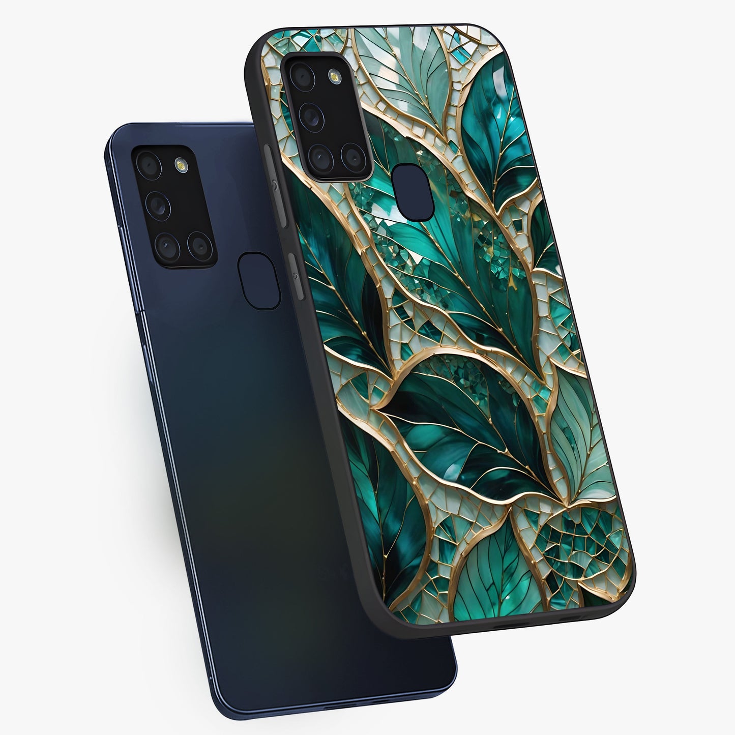 Emerald Leaf Glass Glass Case displayed in angled mockup highlighting botanical leaf illustration with elegant natural aesthetic.