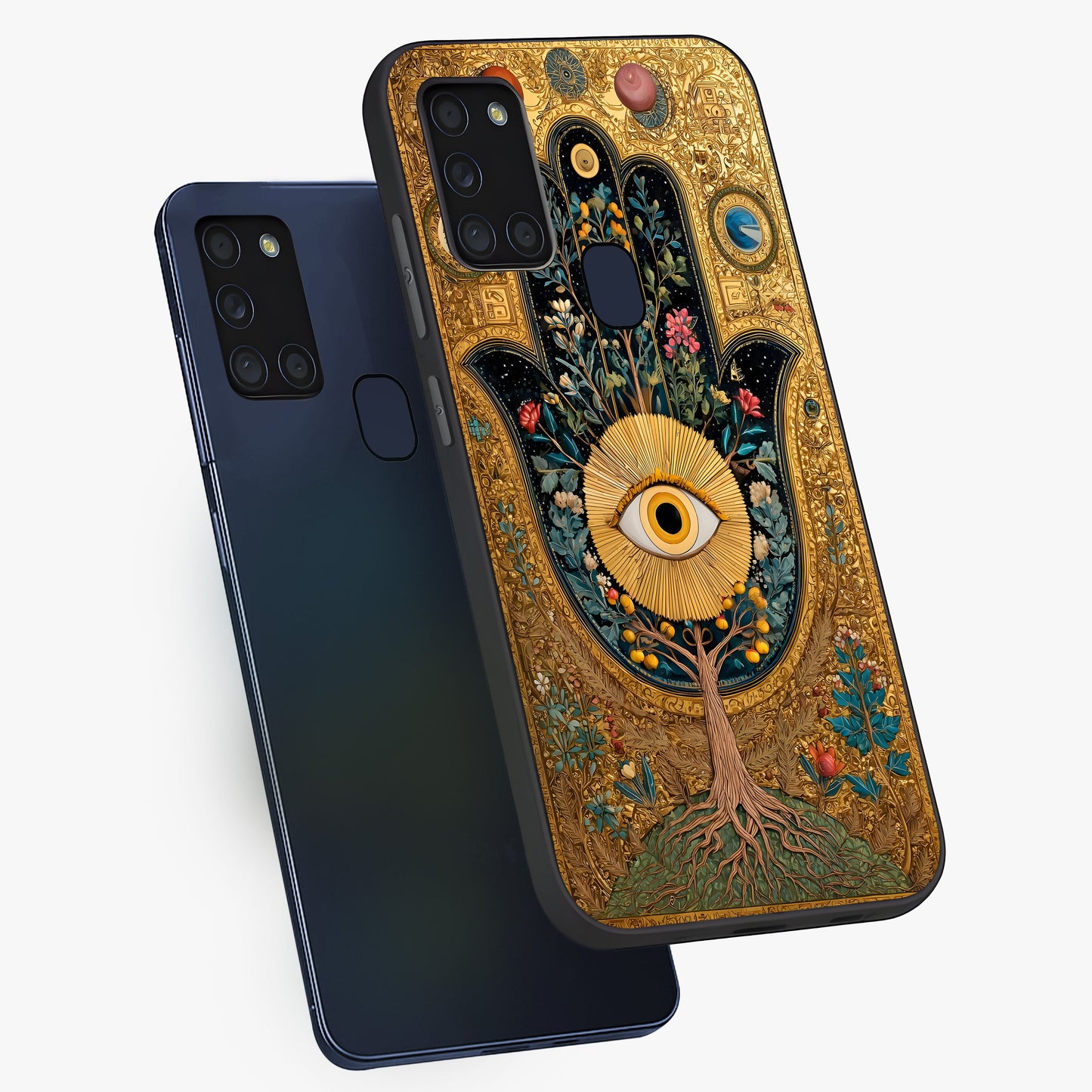 Ethereal Evil Eye Glass Case displayed in angled mockup highlighting protective evil eye symbol with spiritual aesthetic design.