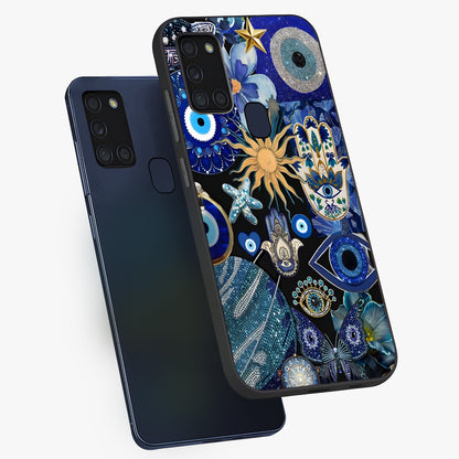 Evil Eye Charm Mix Glass Case displayed in angled mockup highlighting protective evil eye symbols with spiritual aesthetic design.