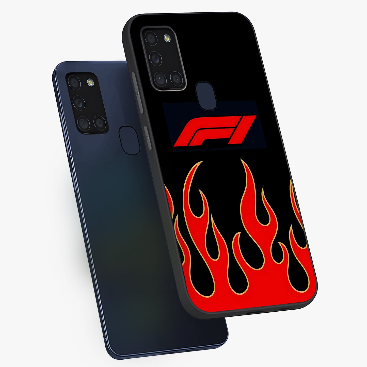 Fire F11 Glass Case displayed in angled mockup highlighting bold fire inspired graphic with energetic aesthetic style.