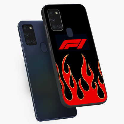 Fire F11 Glass Case displayed in angled mockup highlighting bold fire inspired graphic with energetic aesthetic style.