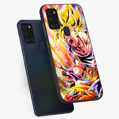 Firing Goku Glass Case displayed in angled mockup highlighting dynamic anime character design with action aesthetic.