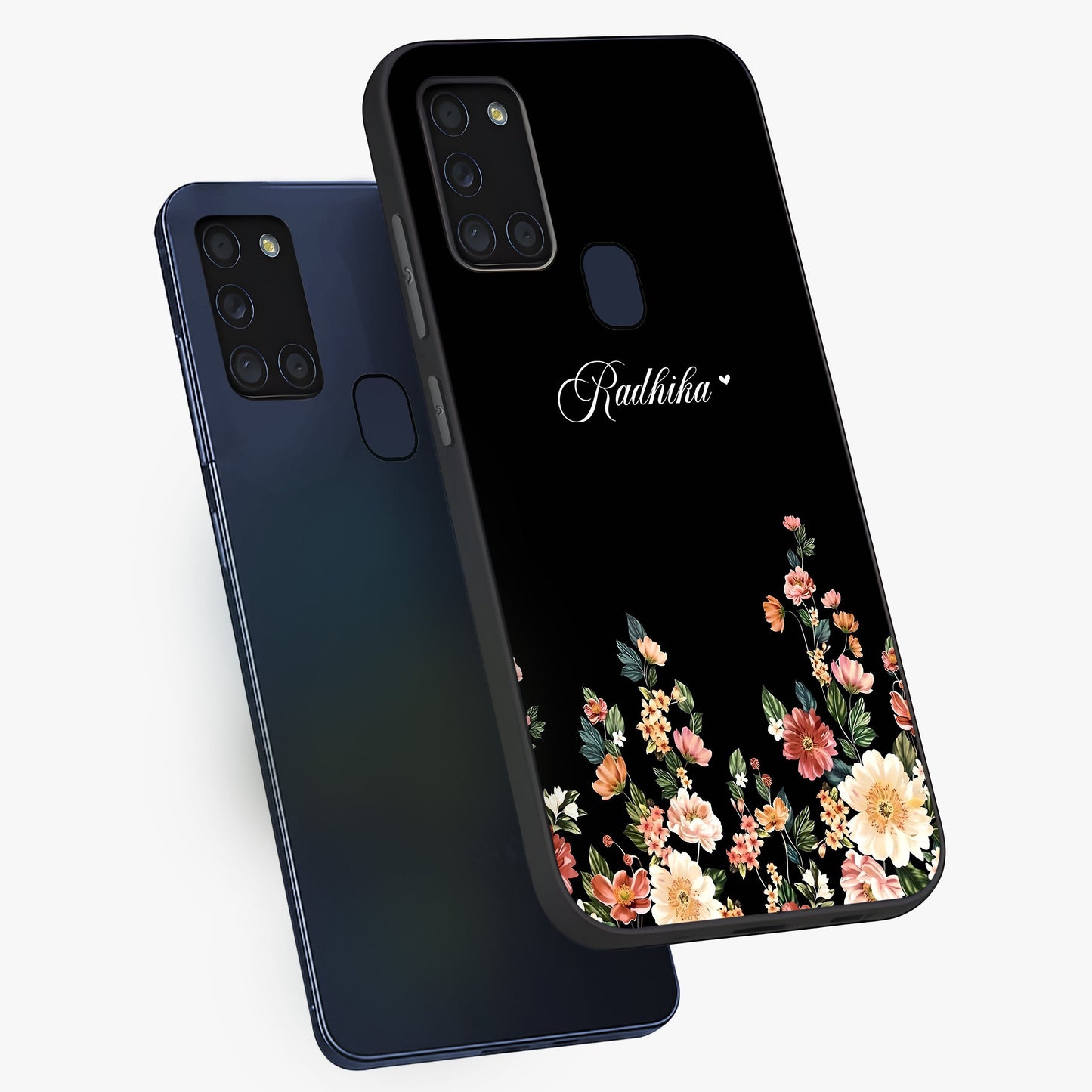 Floral Design With a Custom Personalized Name Glass Case displayed in angled mockup highlighting elegant floral pattern with custom name feature.