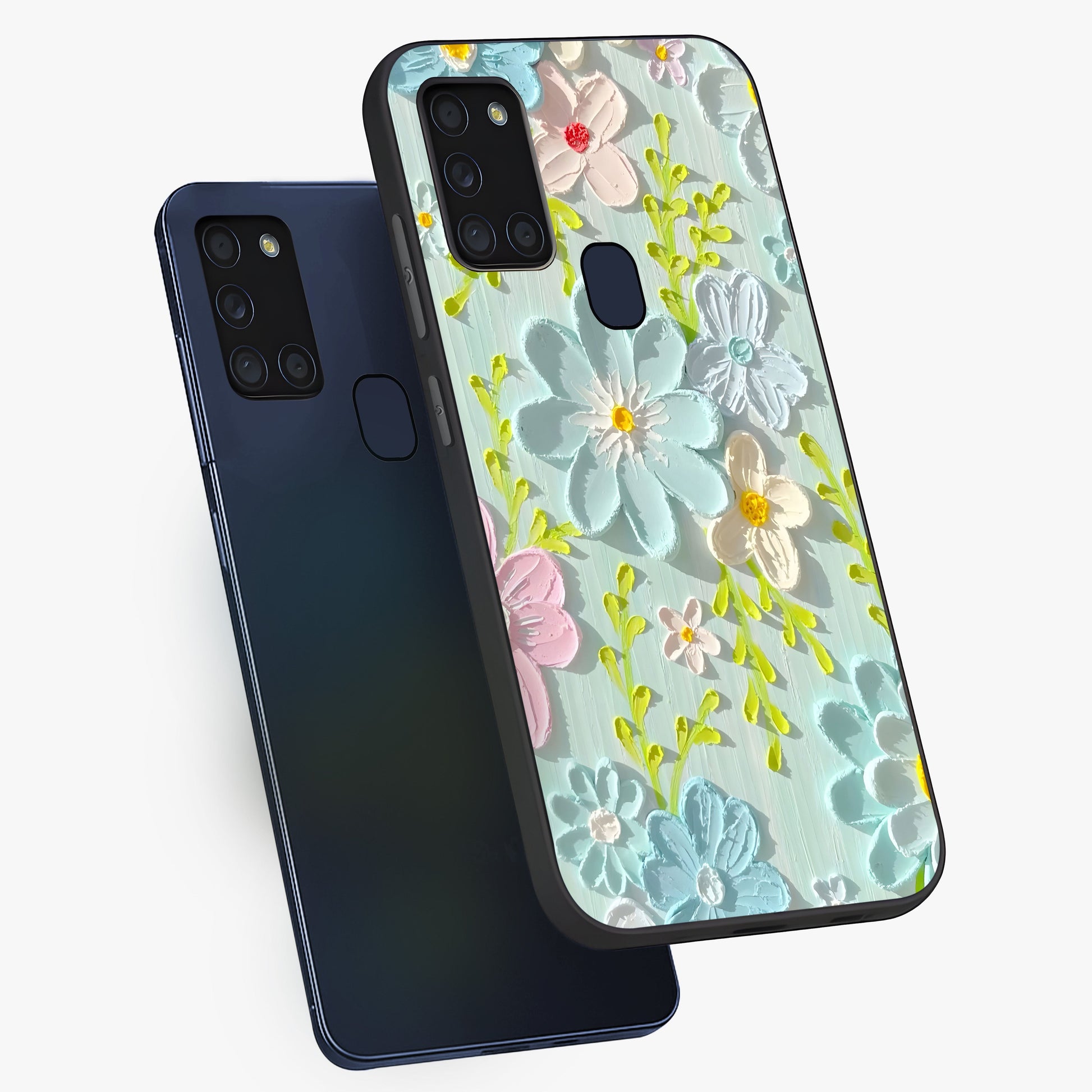 Frosted Petal Garden Glass Case displayed in angled mockup highlighting delicate flower petal design with calm garden aesthetic.