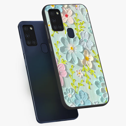Frosted Petal Garden Glass Case displayed in angled mockup highlighting delicate flower petal design with calm garden aesthetic.