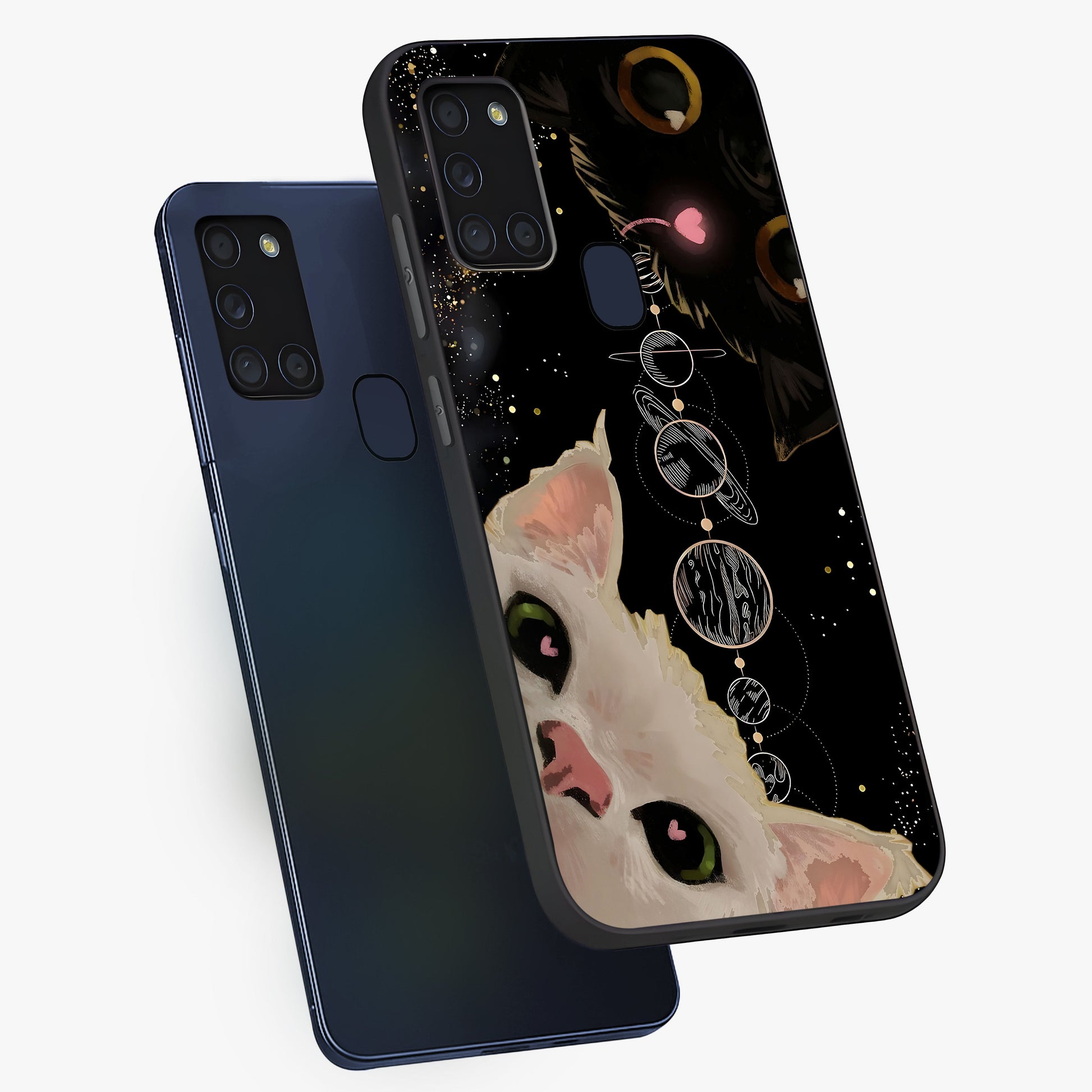 Galactic Cat Glass Case displayed in angled mockup highlighting celestial feline illustration with galaxy aesthetic style.
