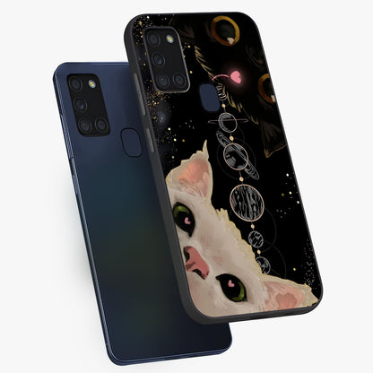 Galactic Cat Glass Case displayed in angled mockup highlighting celestial feline illustration with galaxy aesthetic style.