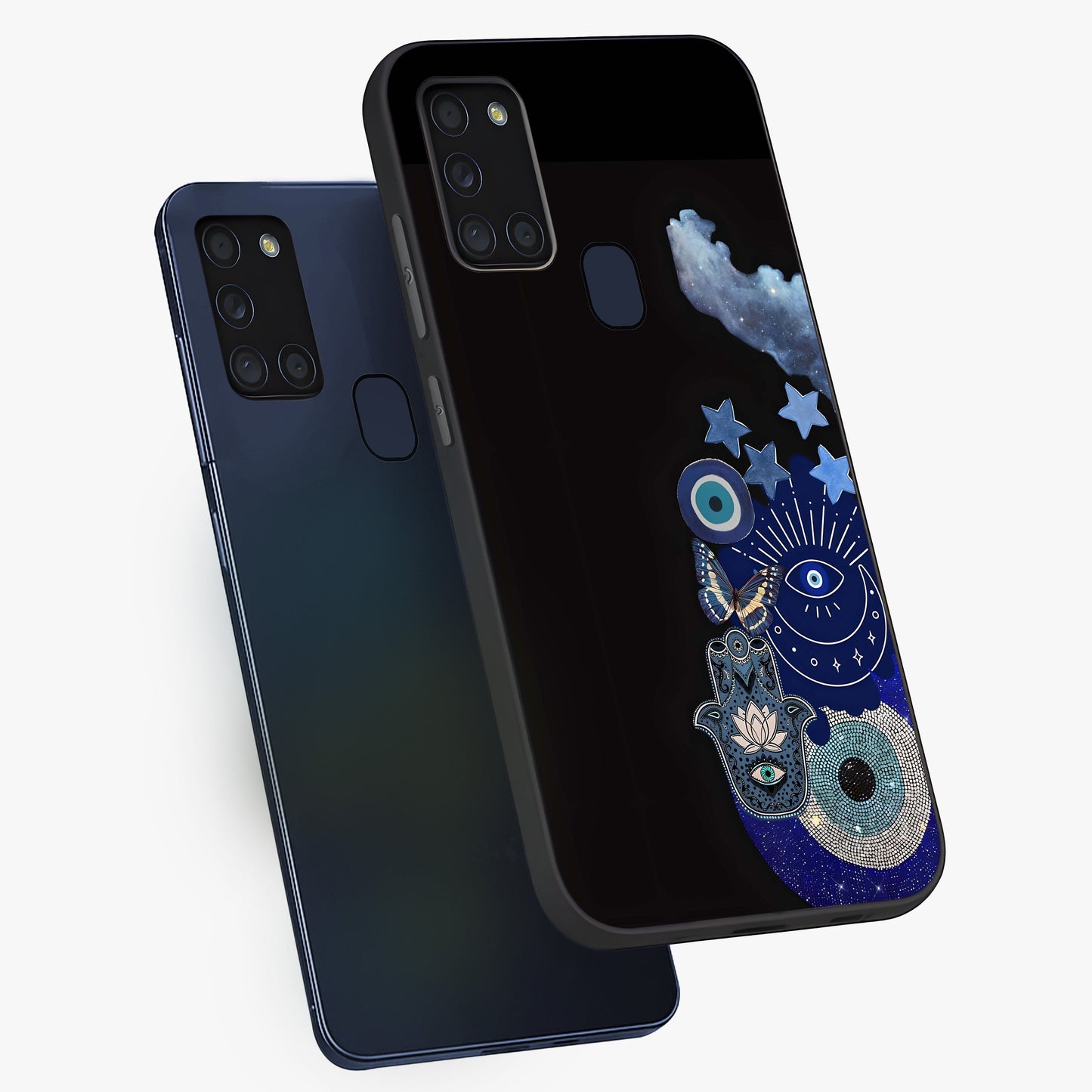 Galactic Charm Cluster Glass Case displayed in angled mockup highlighting luminous galaxy inspired design with dreamy aesthetic.