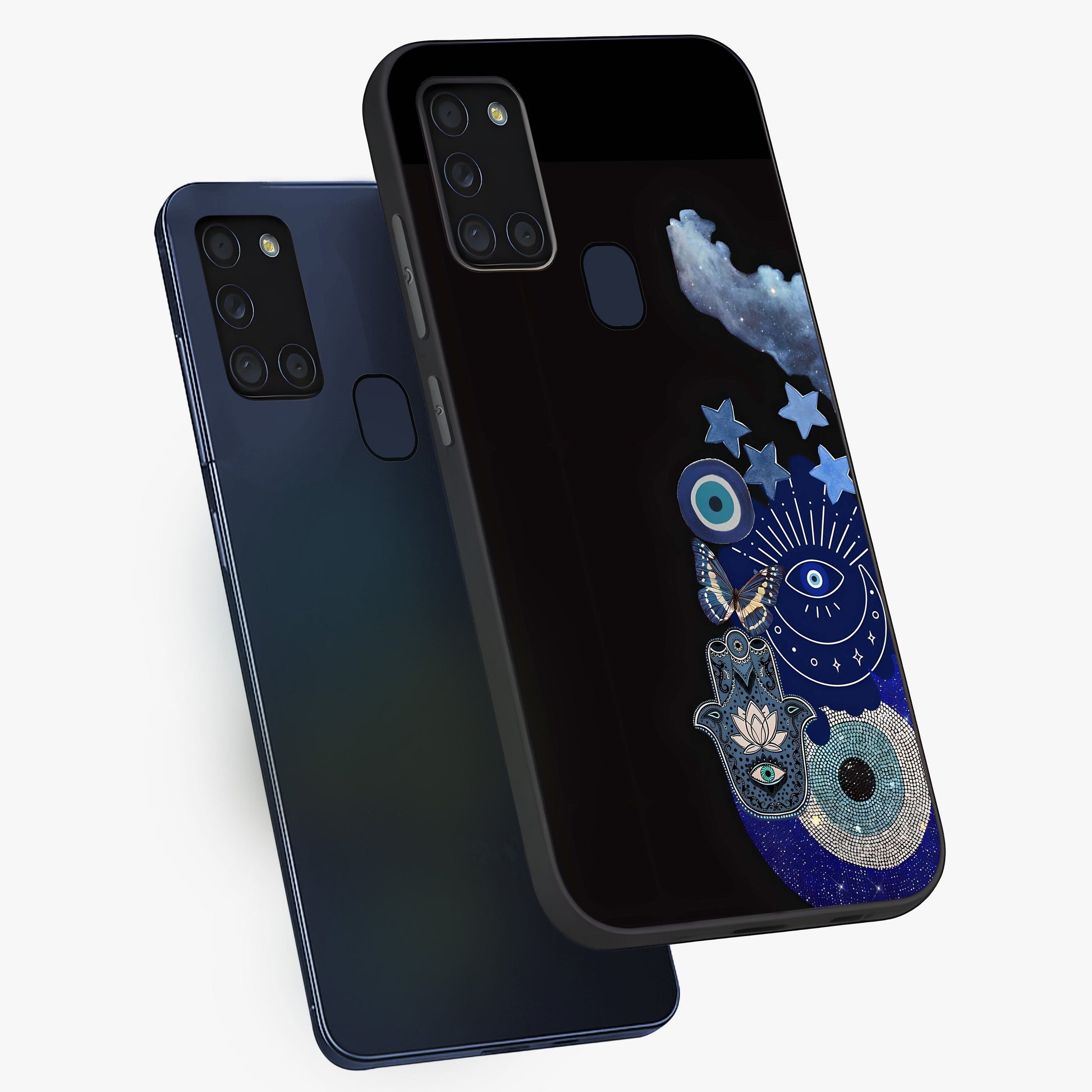 Galactic Charm Cluster Glass Case displayed in angled mockup highlighting luminous galaxy inspired design with dreamy aesthetic.