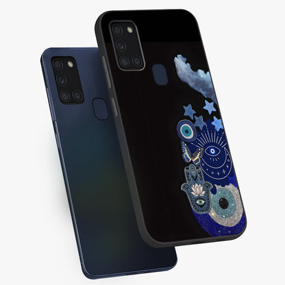 Galactic Charm Cluster Glass Case displayed in angled mockup highlighting luminous galaxy inspired design with dreamy aesthetic.