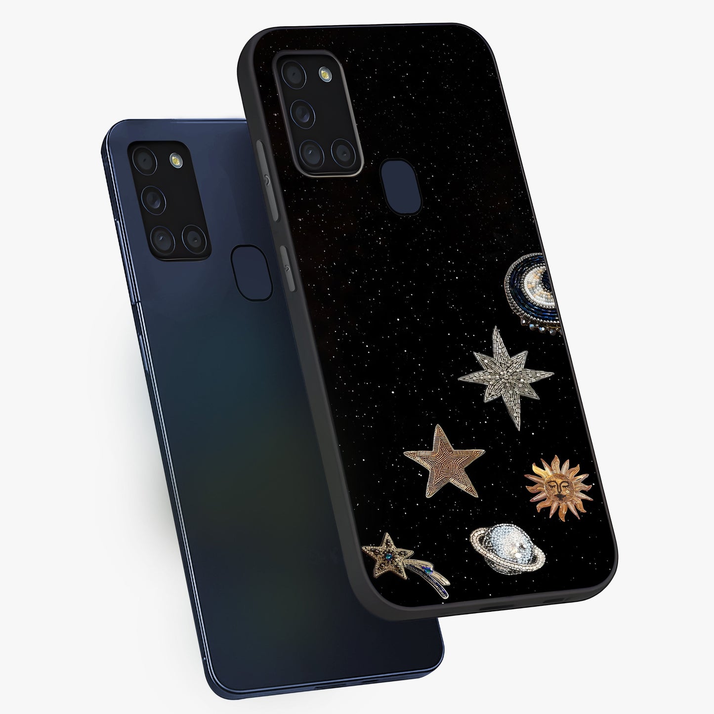 Galactic Charm Glow Glass Case displayed in angled mockup highlighting luminous galaxy inspired design with dreamy aesthetic.